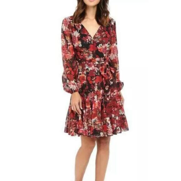 TAHARI ASL Size 18 Floral DRESS MULTICOLOR KNEE Length Sheer Long Sleeve - Picture 2 of 8